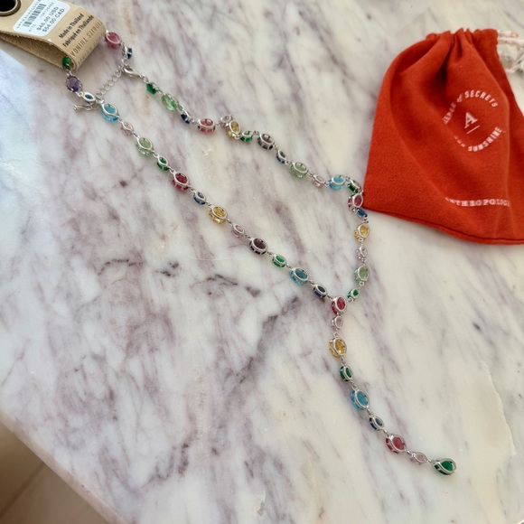 🌈 Anthropologie Rainbow Stone Lariat Necklace in Silver - Picture 8 of 11